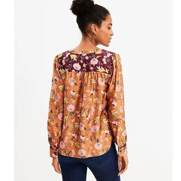 LOFT Blouse | Mixed Print Henley Blouse | Small S | Office Casual | Amber - Picture 9 of 12